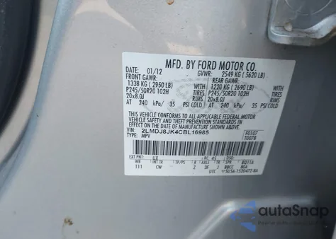 2012 Lincoln Mkx z USA, uszkodzony, nr VIN 2LMDJ8JK4CBL16985